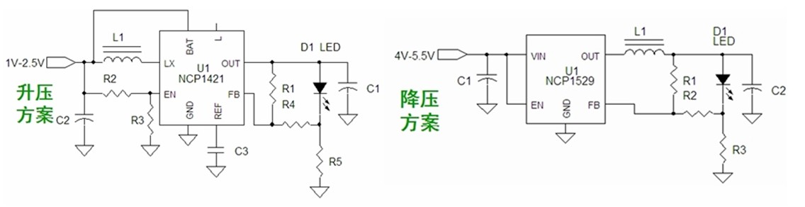 圖7：基于NCP1421的升壓型和基于NCP1529的降壓型1-3 W手電筒LED應(yīng)用