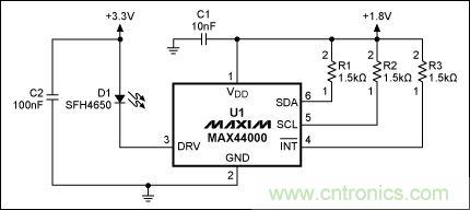 圖2：MAX44000典型電路，帶有發(fā)射器旁路