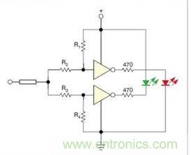 在雙門構(gòu)成的CMOS/TTL兼容探頭中，R1至R4電阻網(wǎng)絡(luò)對(duì)反相器輸入端做偏置