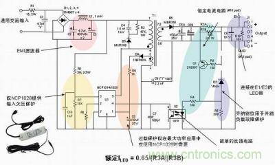 安森美半導(dǎo)體離線式第二代LED驅(qū)動(dòng)器NCP1014/1028的應(yīng)用示意圖。