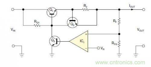 圖1：一個(gè)標(biāo)準(zhǔn)的線性穩(wěn)壓器直接將反饋連接到串聯(lián)導(dǎo)通晶體管上。