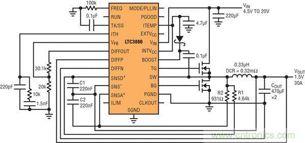 圖2：以非常低的DCR完成采樣的高效率、1.5V/30A降壓型轉(zhuǎn)換器