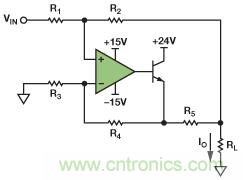 圖1. 改進(jìn)型Howland電流源驅(qū)動(dòng)接地負(fù)載。