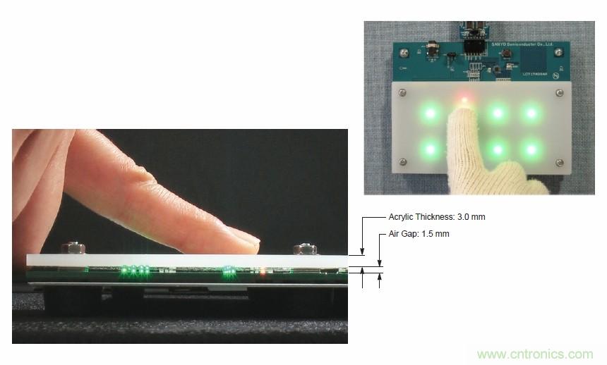 圖7. 安森美半導(dǎo)體電容式觸摸傳感器具有高度靈敏度，支持戴手套觸摸，支持含氣隙應(yīng)用