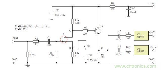 所示電路采用兩個(gè)工作在不同頻率下的555定時(shí)器，以獲取不同的音