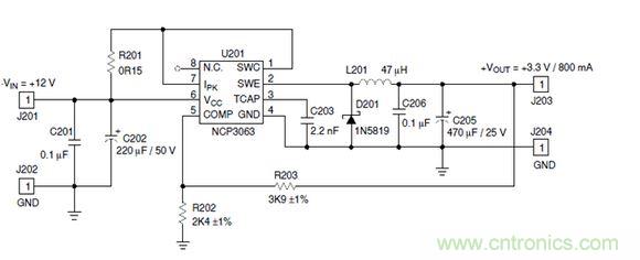 Buck電路應(yīng)用實(shí)例-輸入9～12V，輸出3.3V 800mA電路