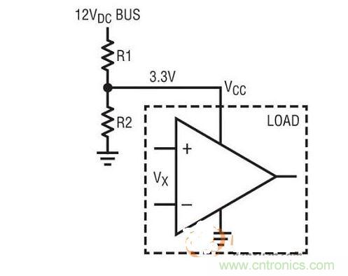 電阻分壓器采用12V總線輸入產生3.3VDC