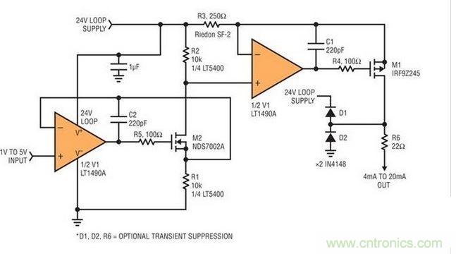 圖1：精確匹配的電阻器提供準確的電壓至電流轉(zhuǎn)換