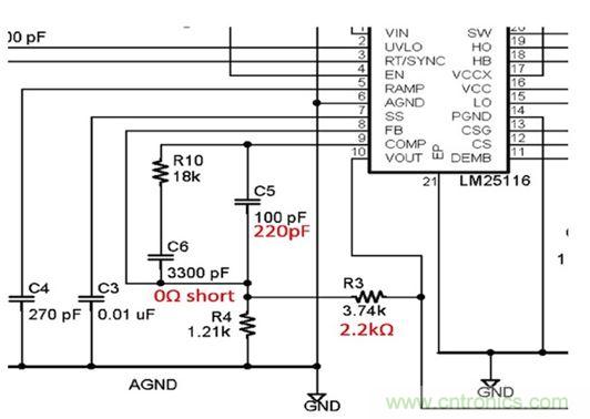 圖4：評估板部分原理圖顯示必須調整分壓器(R3和R4)將輸出電壓從5V改變到3.3V。另外還有其它多處改變。