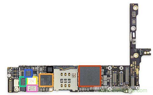 iPhone 6 Plus主板采用1GB RAM的蘋(píng)果A8 SoC作為核心部件。（來(lái)源：iFixit）