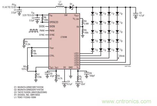 汽車(chē)電池供電的驅(qū)動(dòng)器用于20個(gè) LED