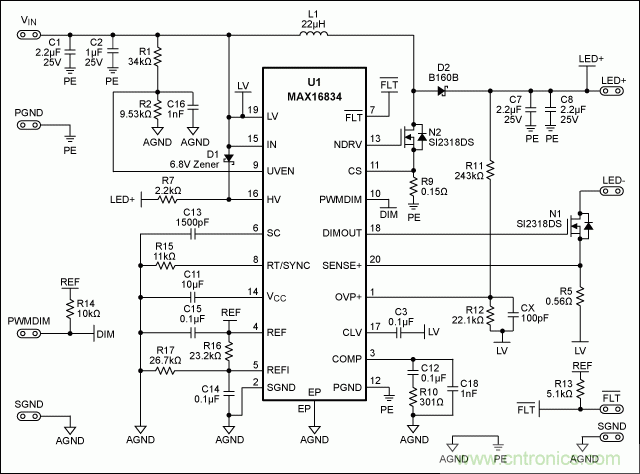 采用MAX16834設(shè)計(jì)buck-boost LED驅(qū)動器