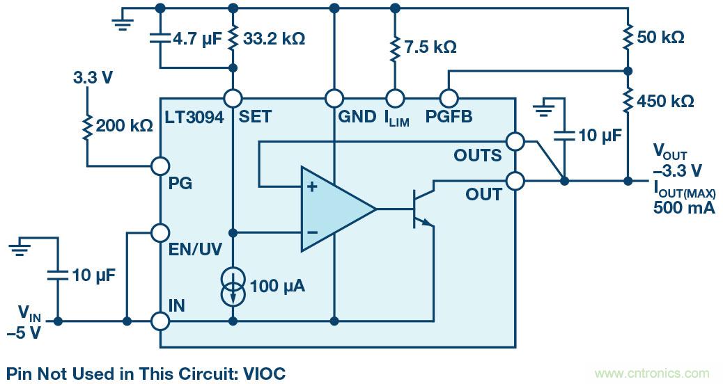 負線性穩(wěn)壓器在1MHz下具有0.8μV RMS噪聲和74dB電源抑制比